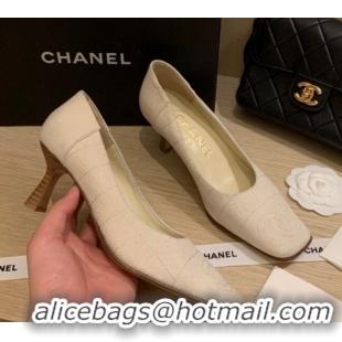 Good Product Chanel Vintage Stitch Fabric Pumps 7cm 010815 White 2021