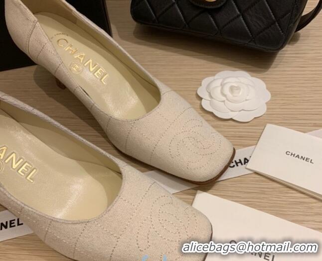 Good Product Chanel Vintage Stitch Fabric Pumps 7cm 010815 White 2021