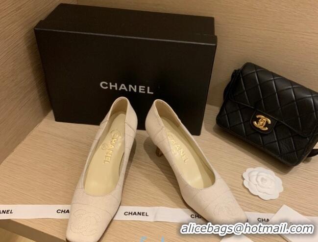 Good Product Chanel Vintage Stitch Fabric Pumps 7cm 010815 White 2021