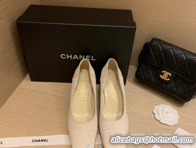 Good Product Chanel Vintage Stitch Fabric Pumps 7cm 010815 White 2021