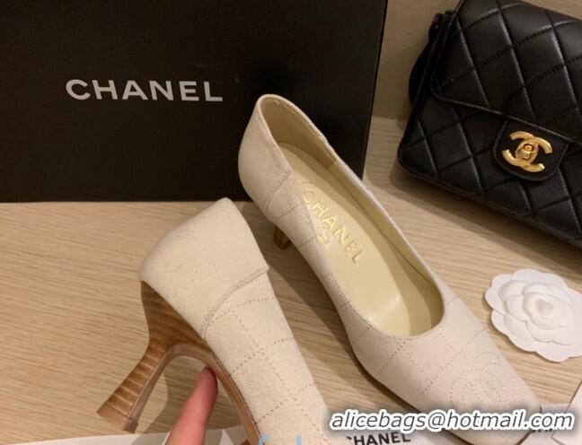 Good Product Chanel Vintage Stitch Fabric Pumps 7cm 010815 White 2021