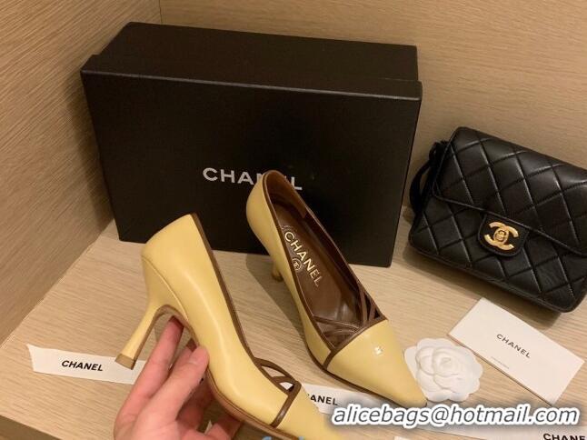 Low Cost Chanel Vintage Calfskin Strap Pumps 7cm 010817 Yellow 2021