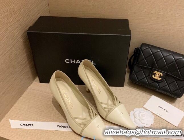 Perfect Chanel Vintage Calfskin Strap Pumps 7cm 010818 White 2021