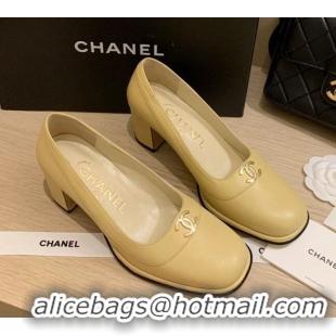 Top Quality Chanel Vintage Calfskin Round CC Pumps 7cm 10820 Yellow 2021