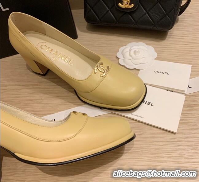 Top Quality Chanel Vintage Calfskin Round CC Pumps 7cm 10820 Yellow 2021