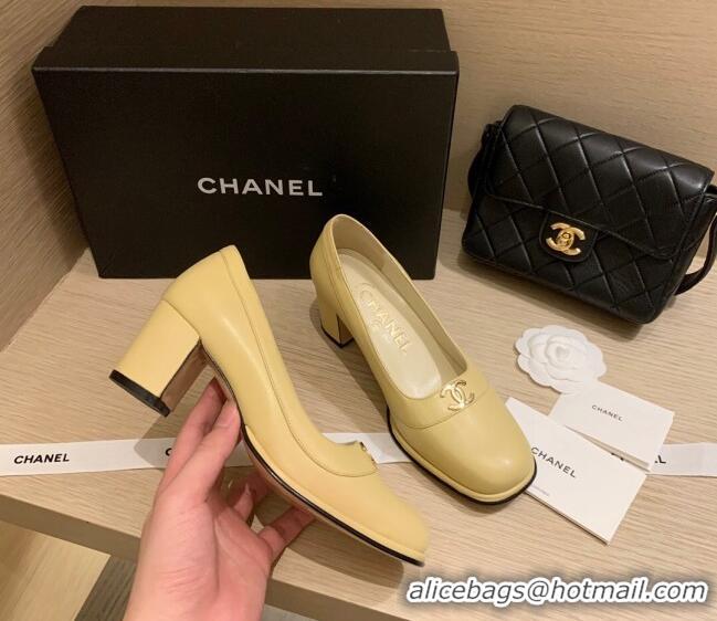 Top Quality Chanel Vintage Calfskin Round CC Pumps 7cm 10820 Yellow 2021