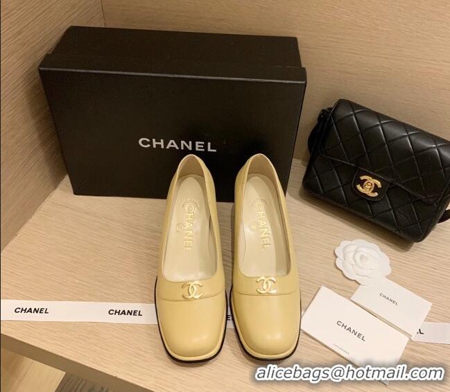 Top Quality Chanel Vintage Calfskin Round CC Pumps 7cm 10820 Yellow 2021