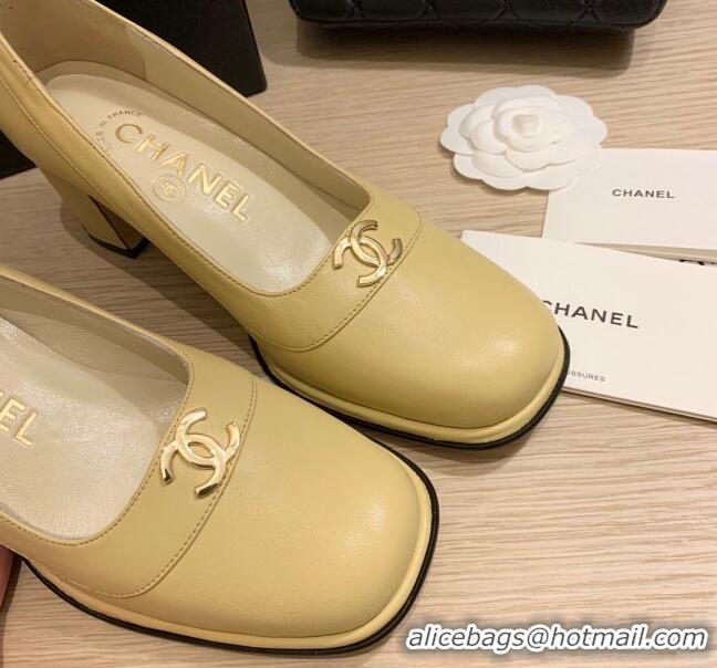 Top Quality Chanel Vintage Calfskin Round CC Pumps 7cm 10820 Yellow 2021