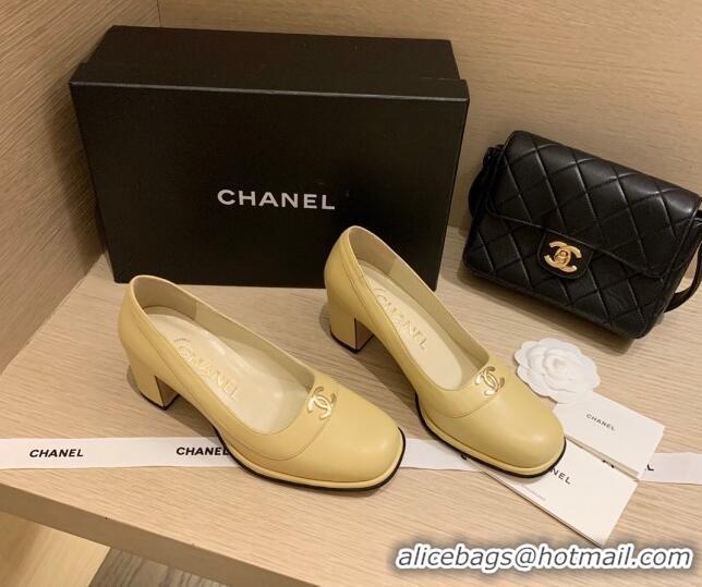 Top Quality Chanel Vintage Calfskin Round CC Pumps 7cm 10820 Yellow 2021