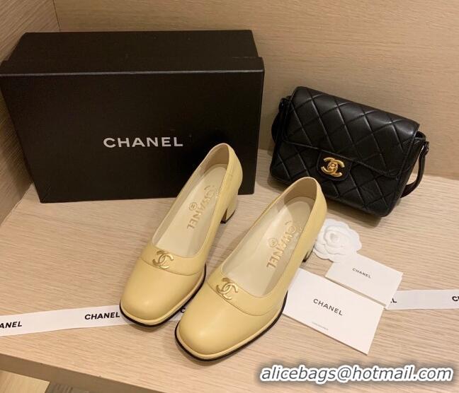 Top Quality Chanel Vintage Calfskin Round CC Pumps 7cm 10820 Yellow 2021