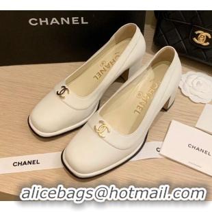 New Style Chanel Vintage Calfskin Round CC Pumps 7cm 10820 White 2021