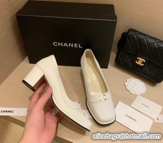 New Style Chanel Vintage Calfskin Round CC Pumps 7cm 10820 White 2021