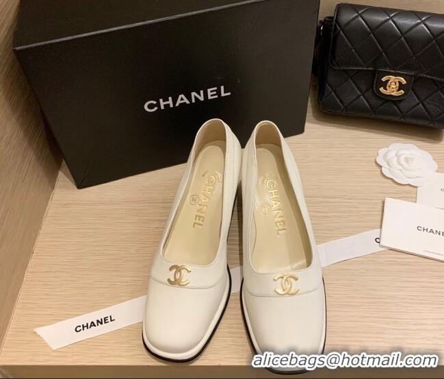 New Style Chanel Vintage Calfskin Round CC Pumps 7cm 10820 White 2021