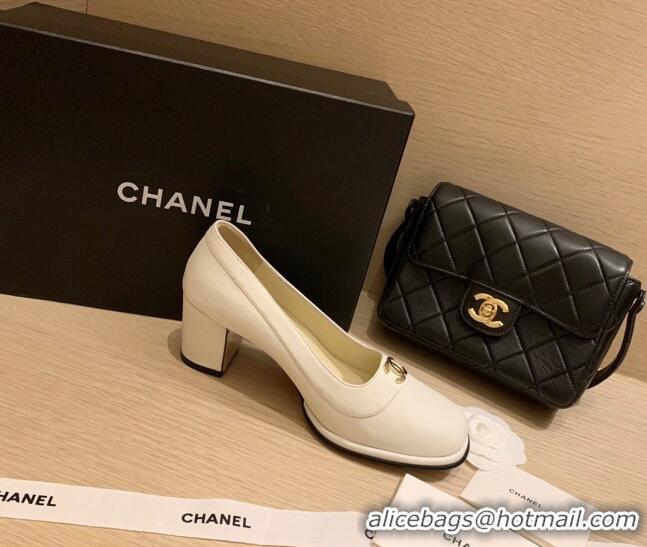 New Style Chanel Vintage Calfskin Round CC Pumps 7cm 10820 White 2021