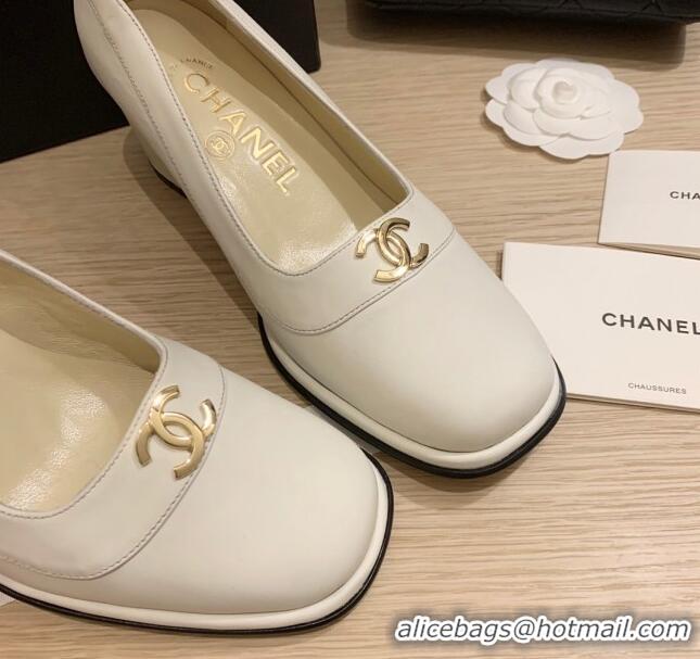 New Style Chanel Vintage Calfskin Round CC Pumps 7cm 10820 White 2021