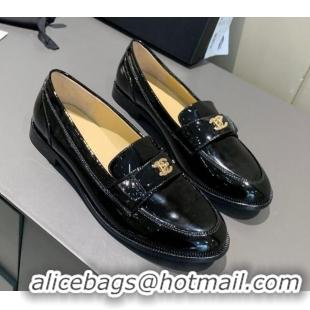 Unique Grade Chanel Patent Leather CC Strap Loafers 010824 Black 2021