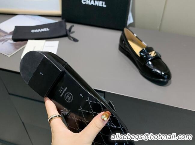 Unique Grade Chanel Patent Leather CC Strap Loafers 010824 Black 2021