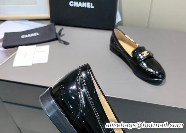 Unique Grade Chanel Patent Leather CC Strap Loafers 010824 Black 2021