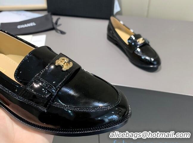 Unique Grade Chanel Patent Leather CC Strap Loafers 010824 Black 2021