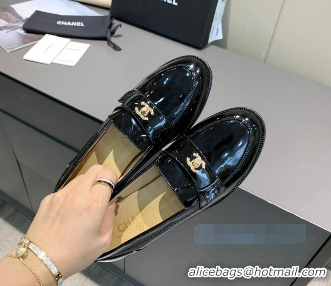 Unique Grade Chanel Patent Leather CC Strap Loafers 010824 Black 2021