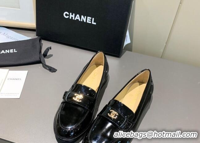 Unique Grade Chanel Patent Leather CC Strap Loafers 010824 Black 2021