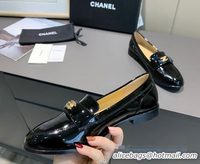 Unique Grade Chanel Patent Leather CC Strap Loafers 010824 Black 2021