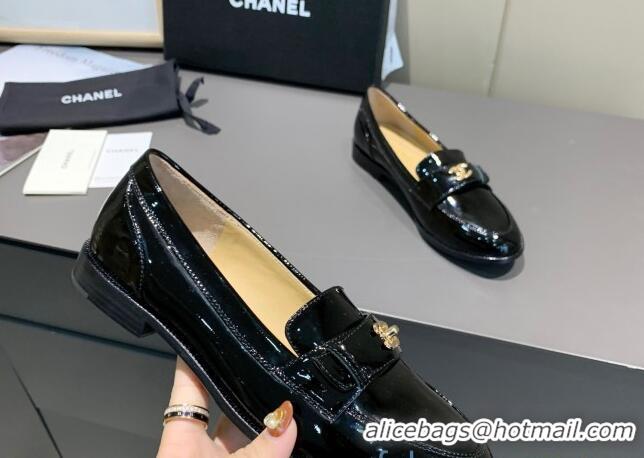 Unique Grade Chanel Patent Leather CC Strap Loafers 010824 Black 2021