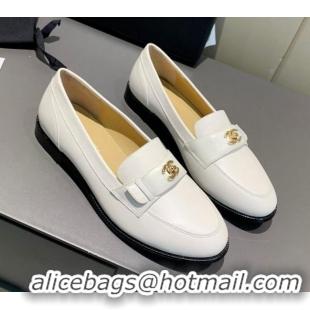 Classic Practical Chanel Calfskin CC Strap Loafers 010825 White 2021