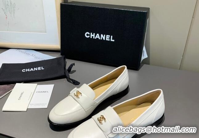 Classic Practical Chanel Calfskin CC Strap Loafers 010825 White 2021