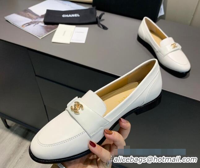 Classic Practical Chanel Calfskin CC Strap Loafers 010825 White 2021