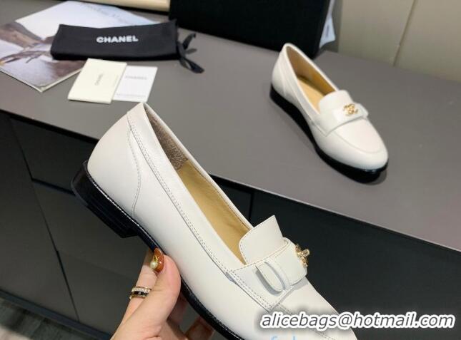 Classic Practical Chanel Calfskin CC Strap Loafers 010825 White 2021