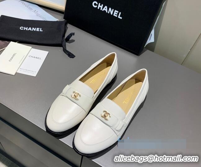 Classic Practical Chanel Calfskin CC Strap Loafers 010825 White 2021