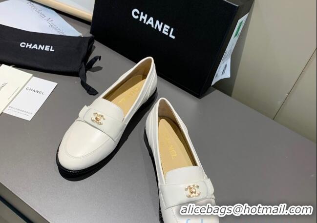 Classic Practical Chanel Calfskin CC Strap Loafers 010825 White 2021