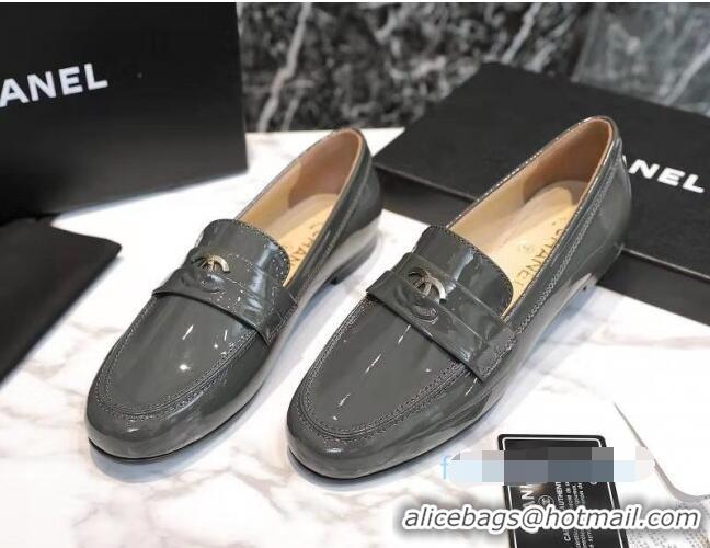 Low Price Chanel Patent Leather CC Strap Loafers 010828 Gray 2021