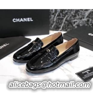 Best Chanel Patent Leather CC Strap Loafers 010828 Black 2021