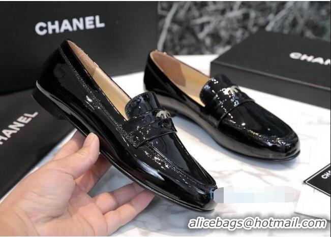 Best Chanel Patent Leather CC Strap Loafers 010828 Black 2021