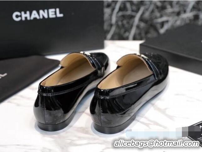 Best Chanel Patent Leather CC Strap Loafers 010828 Black 2021