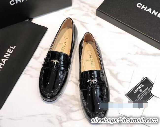 Best Chanel Patent Leather CC Strap Loafers 010828 Black 2021