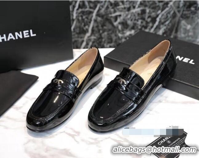 Best Chanel Patent Leather CC Strap Loafers 010828 Black 2021