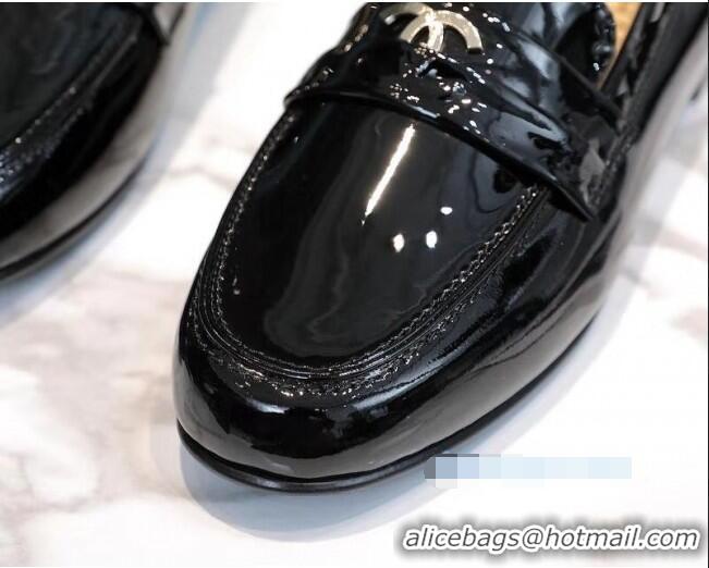 Best Chanel Patent Leather CC Strap Loafers 010828 Black 2021