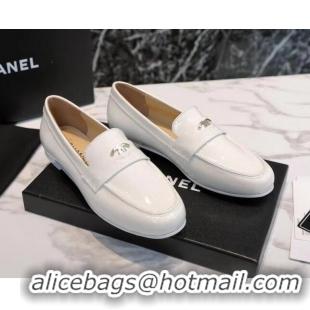 Perfect Chanel Patent Leather CC Strap Loafers 010828 White 2021