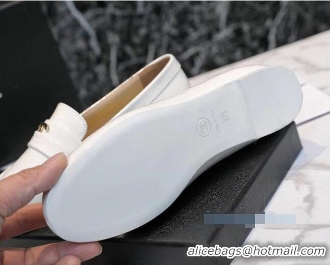 Perfect Chanel Patent Leather CC Strap Loafers 010828 White 2021