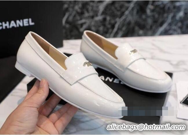 Perfect Chanel Patent Leather CC Strap Loafers 010828 White 2021