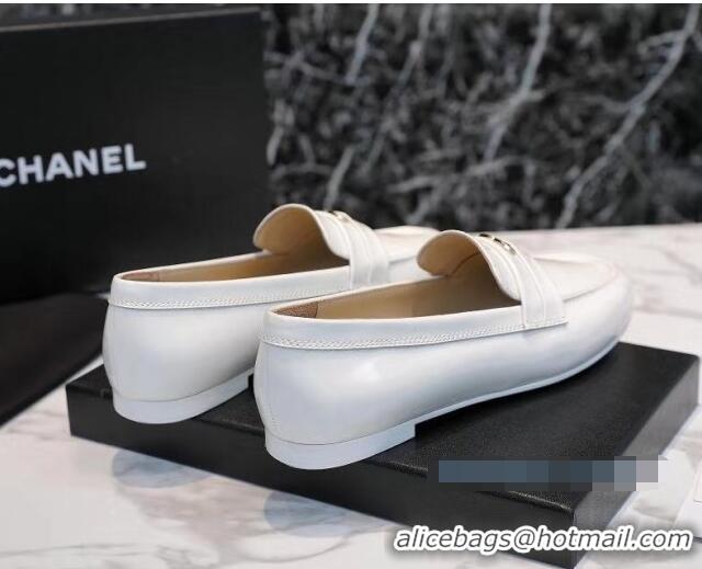 Perfect Chanel Patent Leather CC Strap Loafers 010828 White 2021