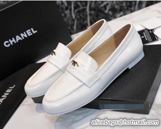 Perfect Chanel Patent Leather CC Strap Loafers 010828 White 2021