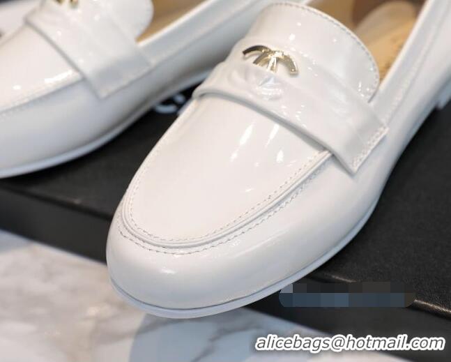 Perfect Chanel Patent Leather CC Strap Loafers 010828 White 2021