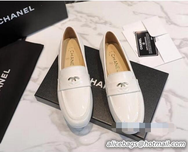 Perfect Chanel Patent Leather CC Strap Loafers 010828 White 2021