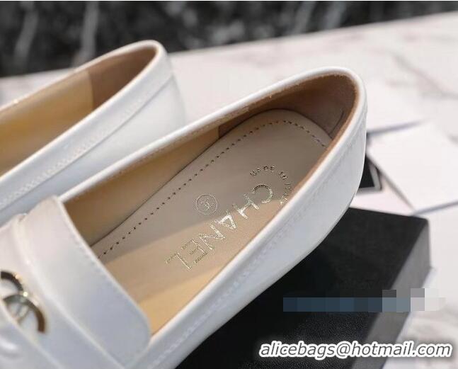 Perfect Chanel Patent Leather CC Strap Loafers 010828 White 2021