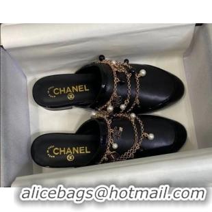 Unique Style Chanel Leather Flat Mules with Chain 010933 Black 2021