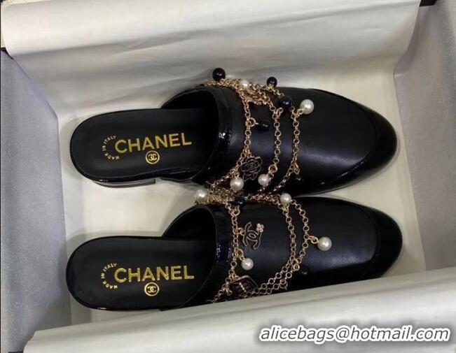 Unique Style Chanel Leather Flat Mules with Chain 010933 Black 2021